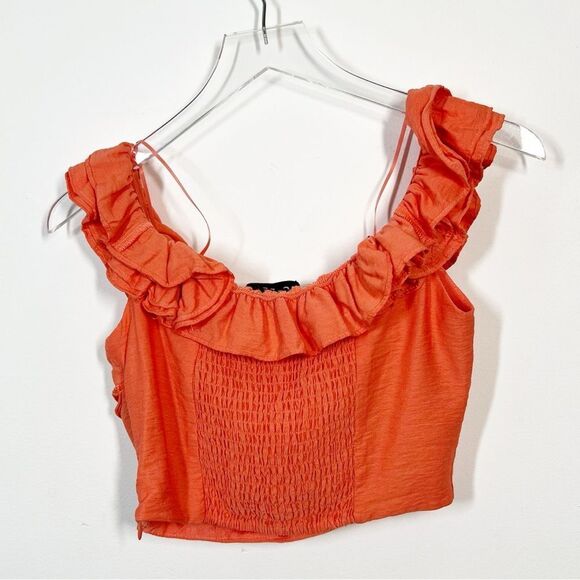 DO+BE Women's Size Medium NWT Orange Ruffle Smocked Cropped Off Shoulder Top - Picture 2 of 10